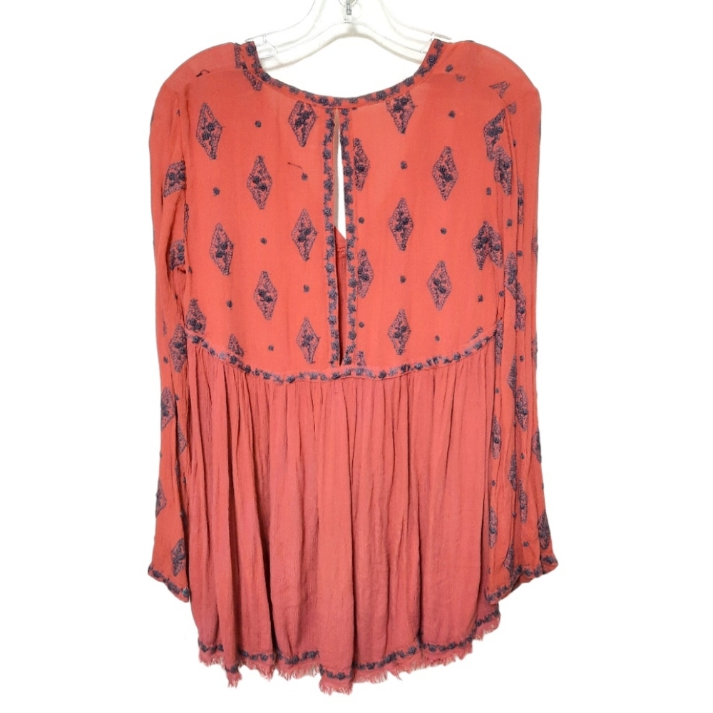 FREE PEOPLE Flowy Boho Tunic Dress Cottage Embroidered Burnt Orange Blu Roomy XS - Picture 3 of 11